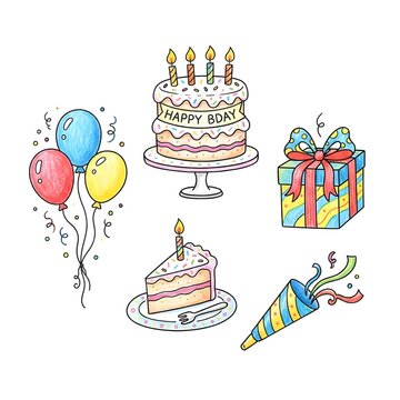 Happy birthday celebration children doodles featuring a big cake, gift box, colorful party balloons, blower, and cake slice. Whimsical colored pencil art on white background.