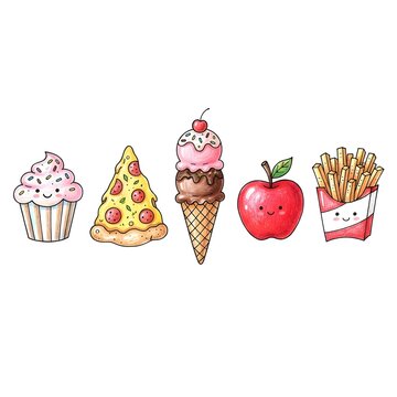 Simple cute hand-drawn children doodles of delicious snacks featuring a cupcake, pizza, ice cream, apple, and french fries. Textured crayon illustration on white background.