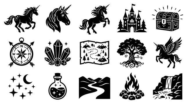 Fantasy Adventure Black  White Glyph Icons Set. Magical Creatures, Exploration Symbols, and Enchanted Objects.