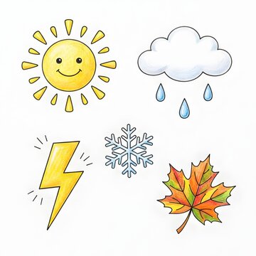 Whimsical children doodles of weather elements and seasons including sun, rainy cloud, lightning, snowflake, and autumn leaf. Textured colored pencil sketch on white background.