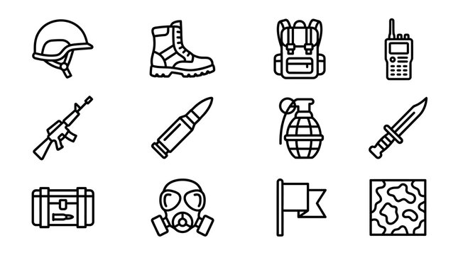 Military Equipment Icons: Helmet, Boots, Backpack, Radio, Rifle, Bullet, Grenade, Knife, Crate, Gas Mask