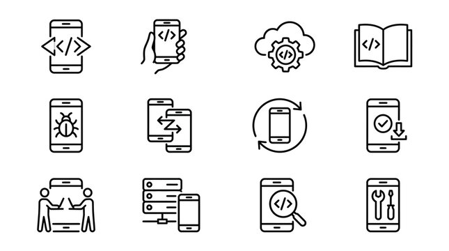 Mobile App Development Icons: Coding, Debugging, Cloud, Data, UI/UX, Support