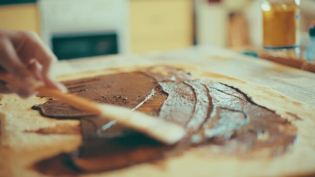 Close-up of baker hand using a spatula to spread sweet chocolate or cinnamon sugar filling onto rolled dough. Preparing homemade cinnamon rolls dessert on wooden table, 4k.