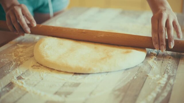 Close-up of baker hands using a wooden rolling pin to roll out and flatten fresh yeast dough. Preparing homemade sweet pastry or cinnamon rolls on a floured table, 4k.