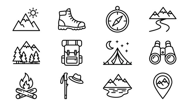 Outdoor Adventure Icons: Hiking, Camping, Navigation & Nature Set