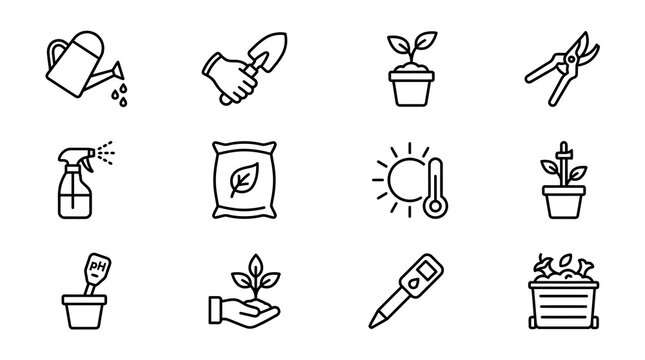 Gardening Icons: Watering Can, Tools, Plants, Soil, Sun, Fertilizer, Spray Bottle, pH Meter