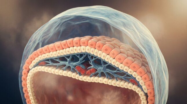 A scientific 3D illustration shows a cross-section of an early human embryo, layered epiblast cells, nascent blood islands, branching mesoderm, and a translucent amniotic sac. Soft coral, blue, and