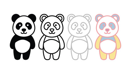 Four cute stylized panda bear icons with different color variations including black and white outline and pastel shades © Tanha