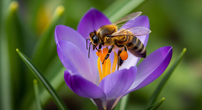 Honeybee Pollinating a Purple Crocus in Spring