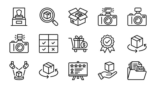 E-commerce & Product Photography Icons: Delivery, Review, Quality, Camera, Shopping