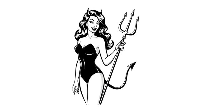 Pinup devil girl with trident, black and white vector illustration
