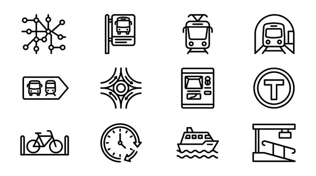 Public Transportation Icons Set: Subway, Bus, Tram, Ferry, Bike, Clock, Ticket Machine