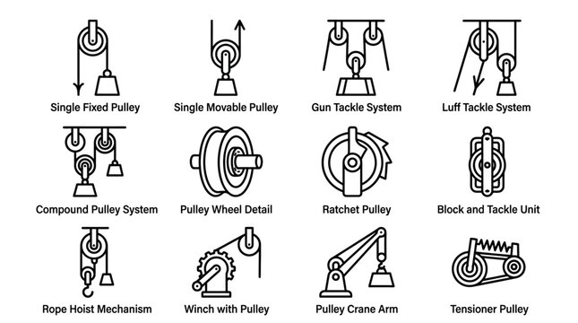 Pulley System Icons: Fixed, Movable, Compound, Tackle, Hoist, Winch, Crane, Tensioner