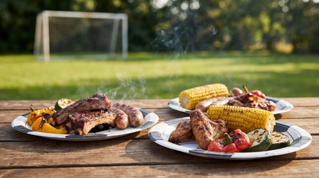 Grilled food on plates with soccer goal background celebrates summer football party for backyard barbecue photography promotional content