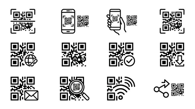 QR Code Icons Set: Scanning, Mobile, Internet, Email, Search, Wifi, Share