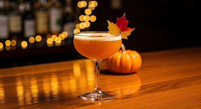 Autumn cocktail in a coupe glass garnished with a maple leaf with a small pumpkin on a wooden bar counter