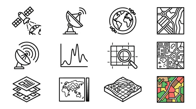 Collection of GIS and Satellite Technology Icons: Maps, Earth, Satellite, Radar, Graph