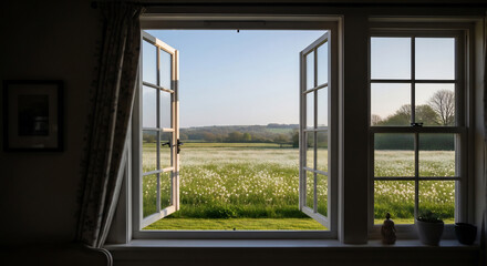 Fototapeta premium View from Cottage Window over Spring Meadow