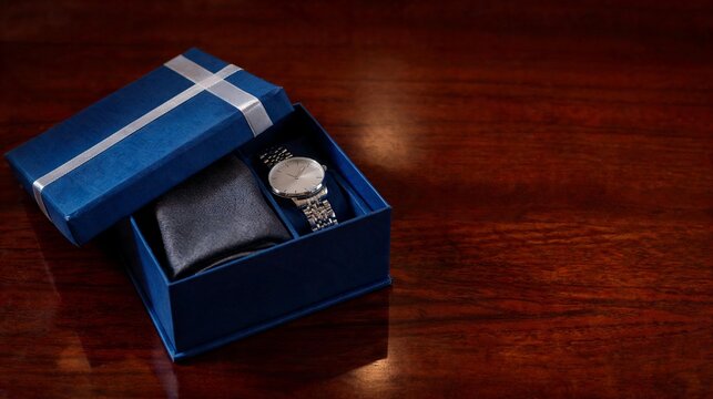 Father's Day Background with Luxury Gift Box Tie and Watch Copy 