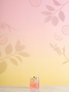 Refreshing pink lemonade glass on marble surface with soft citrus leaf shadow gradient background for menu lemonade background refreshing gradient beverage