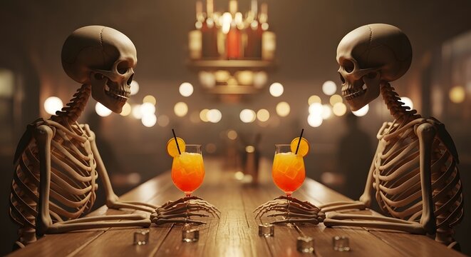 Two skeletons sitting at a bar counter drinking orange cocktails with ice and orange slices in a dimly lit atmospheric lounge