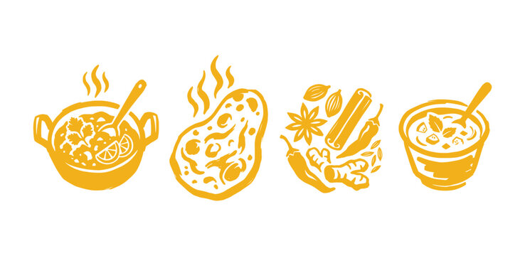 Indian food icons set with curry naan bread and aromatic spices for restaurant menus