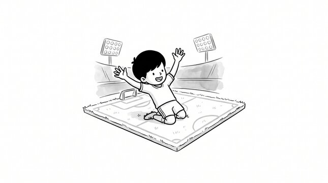 Happy young boy celebrating a goal victory on a soccer field at stadium with stadium lights
