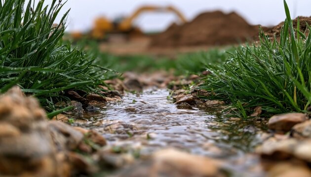 Small shallow stream flows over rocky bed flanked by green grass with blurred yellow excavator in