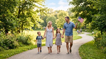 Obraz premium Family of four walking down a scenic park trail while holding a small American flag under the bright sunlight of a clear summer afternoon to enjoy a peaceful walk in the lush green landscape.