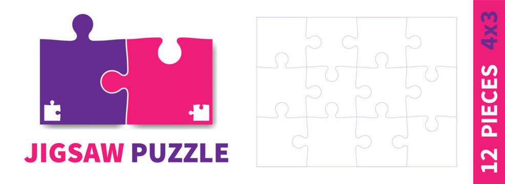 Detailed various shapes puzzle grid. Jigsaw puzzle blank template. 4x3 shapes, 12 pieces. Separate matching puzzle elements. Vector illustration