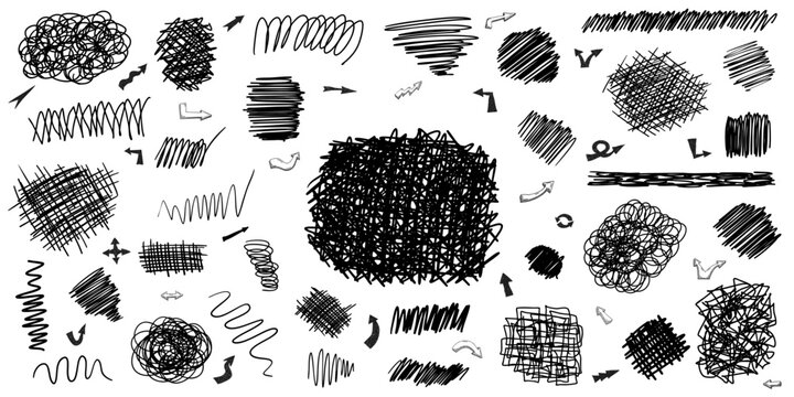Set of black grunge doodle hand drawn scribble shapes textures, curves and arrows isolated on white. Sketch style ink symbols collection. Vector illustration