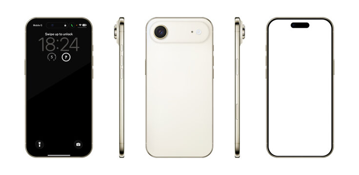 Detailed gold mobile phone mockup. Front, rear and side view isolated on transparent background. Vector PNG