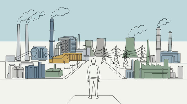 A solitary person standing before a sprawling industrial manufacturing complex.