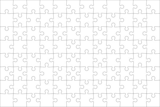 Detailed various shapes puzzle grid overlay. Jigsaw puzzle blank template. 12x8 shapes, 96 pieces. Separate matching puzzle elements. Vector png