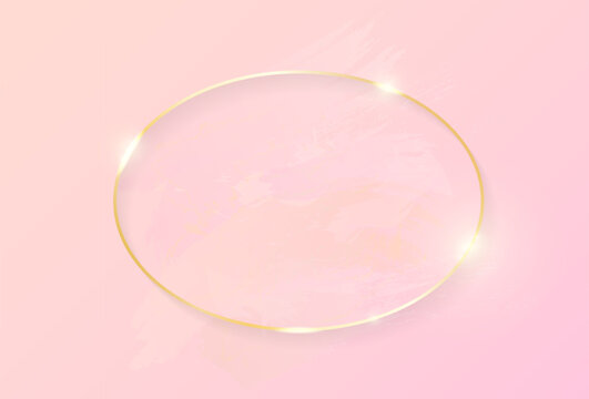 Gold shiny glowing oval frame with rose pastel brush strokes isolated on pink background. Golden luxury line border for invitation, card, sale, fashion, wedding, photo etc. Christmas and New Year bg. 
