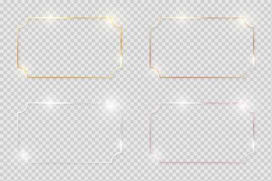 Yellow and pink gold, silver and bronze shiny glowing vintage frames with shadows pack isolated on transparent background. Golden luxury realistic horizontal rectangle art borders. Vector illustration