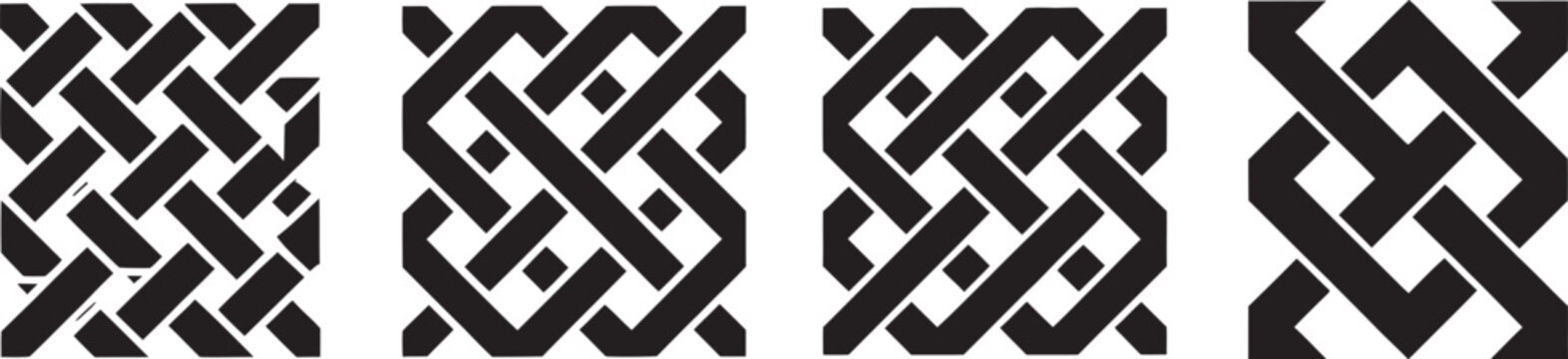 Interwoven or braided pattern texture set, abstract graphic design elements, woven textile motifs, seamless geometric patterns, and decorative vector ornament collection.