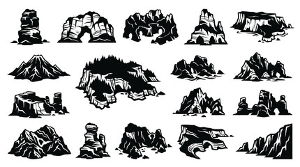 Obraz premium Monochrome Graphic Vector Nature Landscape Elements Collection: Rocks, Mountains, Cliffs, Arches, and Volcanoes