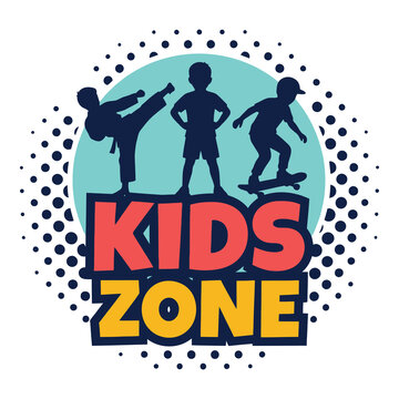 Kids playing sports and having fun in kids zone area with silhouettes icon