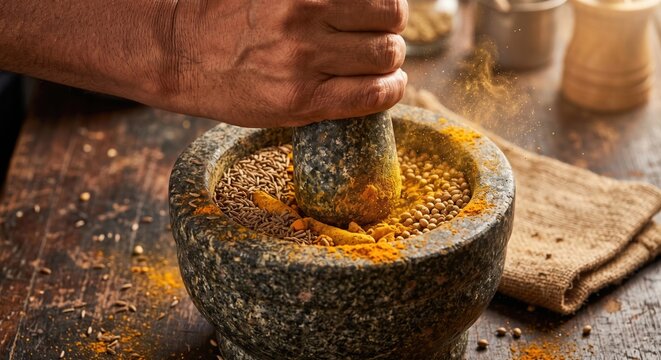 Hand Grinding Aromatic Spices with Stone Mortar Pestle