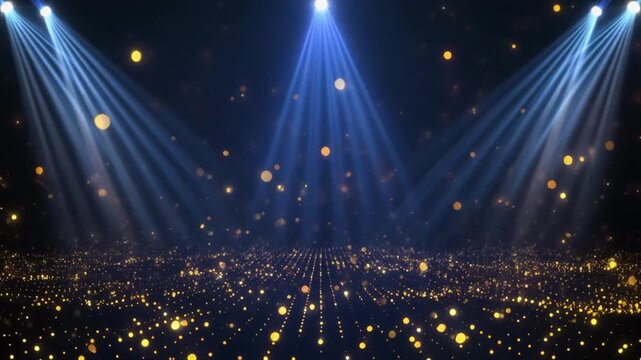 Luxury stage backdrop featuring shimmering golden particles and bright blue spotlights. Perfect for events, awards shows, and professional motion graphic projects.