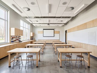 Fototapeta premium Modern science classroom with lab tables stools sink and whiteboards