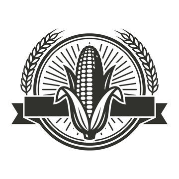 Black and white corn icon with wheat and banner  food logo design element icon