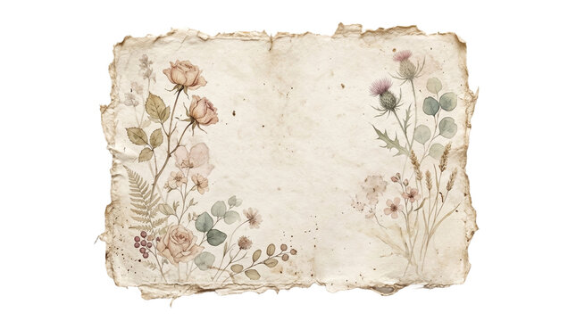 Vintage torn paper with watercolor botanical floral elements, old parchment letter background with roses and wildflowers