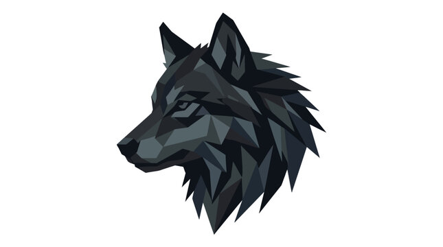 A stylized geometric illustration of a dark wolf head isolated on a white background