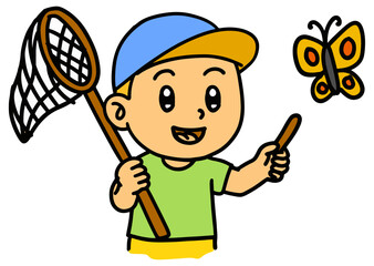 Cute Cartoon Boy Catching Butterflies with Butterfly Net