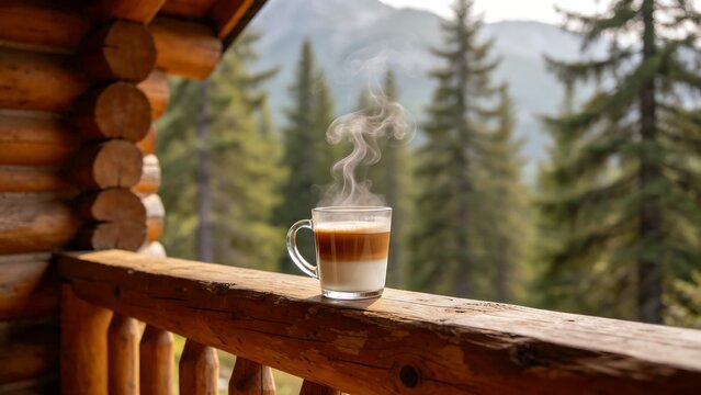 Steaming cup of coffee on a wooden log cabin balcony with scenic pine forest background