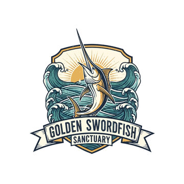 Golden swordfish sanctuary marine wildlife nautical emblem.