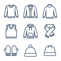 Fototapeta premium Winter Clothing Icons: Sweater, Cardigan, Hoodie, Scarf, Mittens, Hats - Vector Set