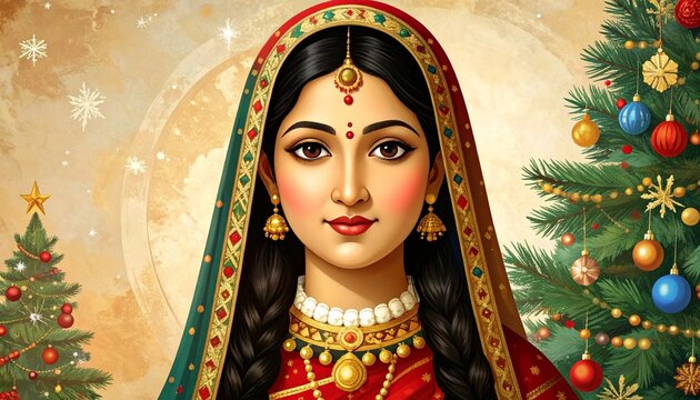 Indian woman in traditional dress with Christmas trees background.